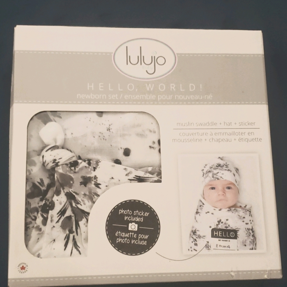 Muslin swaddle and hat and sticker set